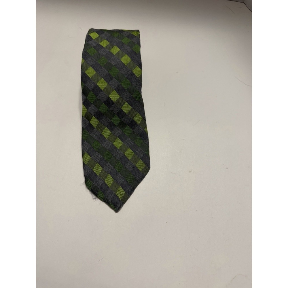 Croft & Barrow Mens Silk Blend Geometric Check Necktie Green Grey Hand Made - Picture 1 of 6